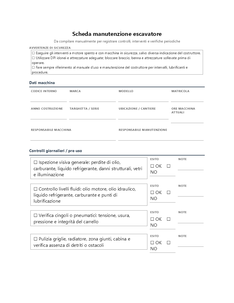 Scheda manutenzione escavatore​