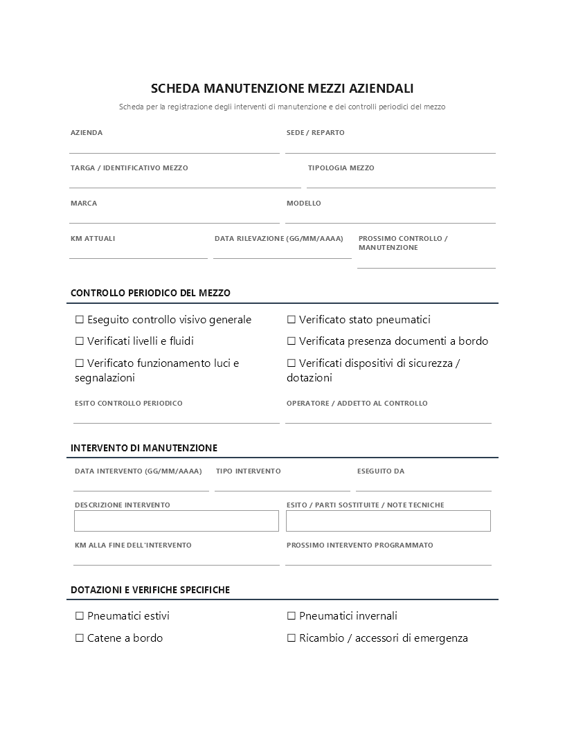 Scheda manutenzione mezzi aziendali​