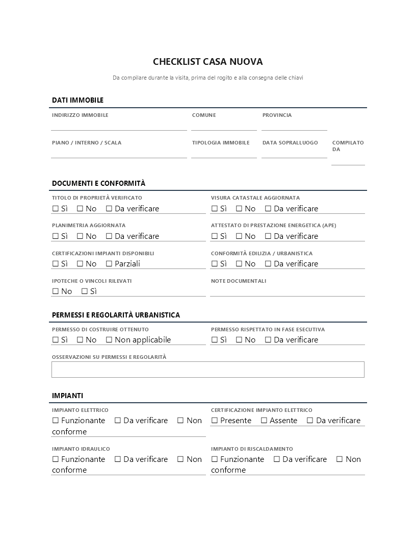 Checklist casa nuova