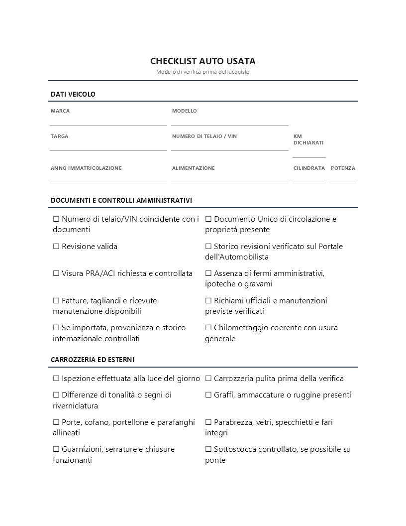 Checklist auto usata Checklist auto usata