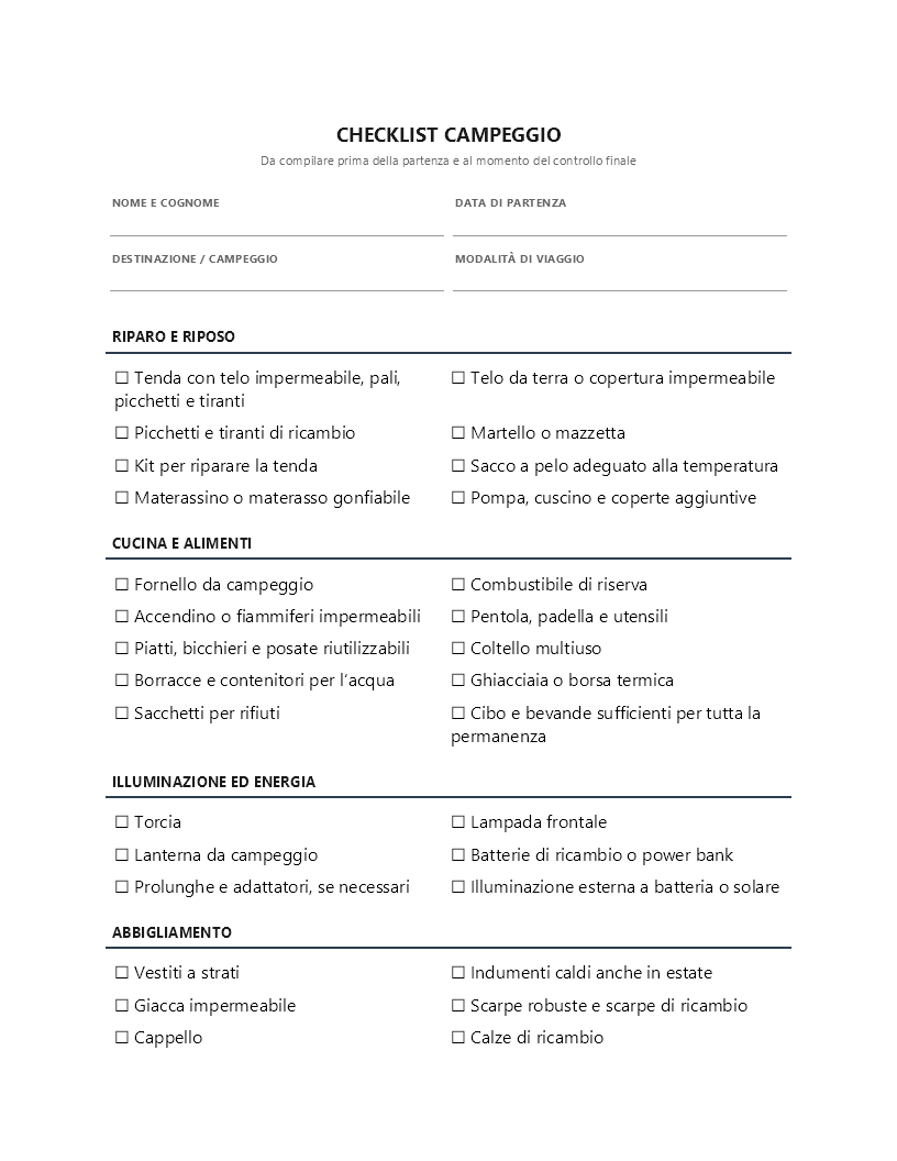 Checklist campeggio Checklist campeggio