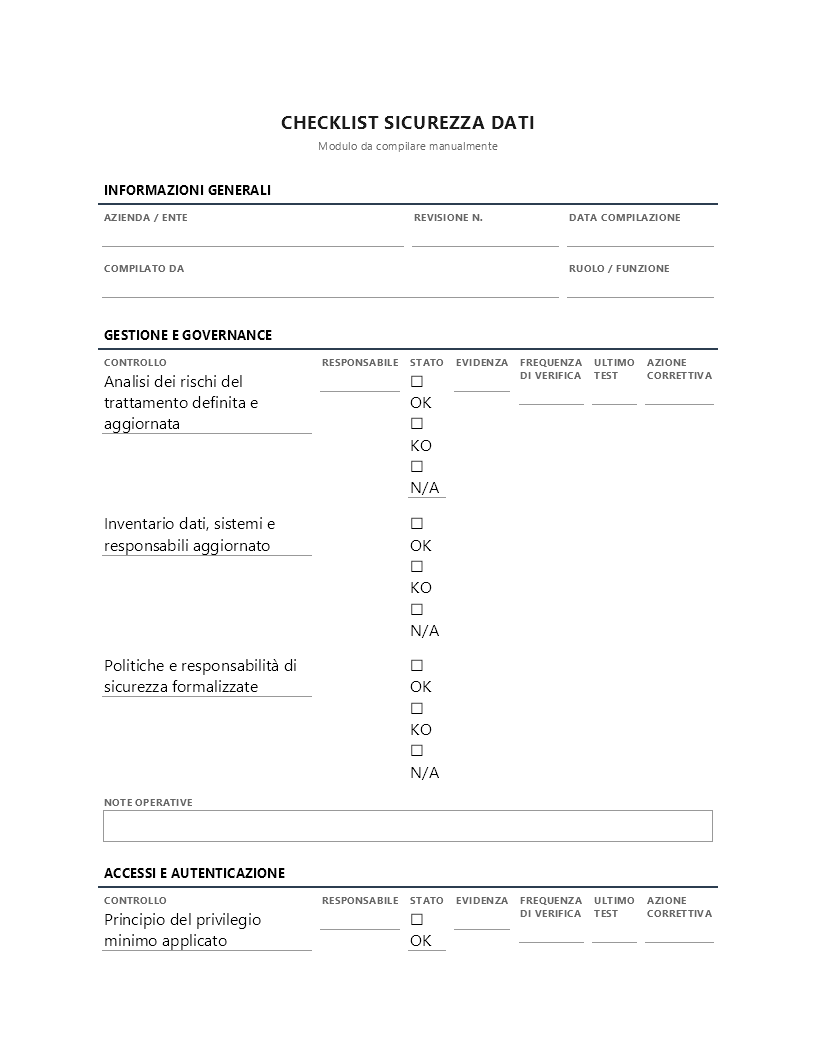 Checklist sicurezza dati Checklist sicurezza dati